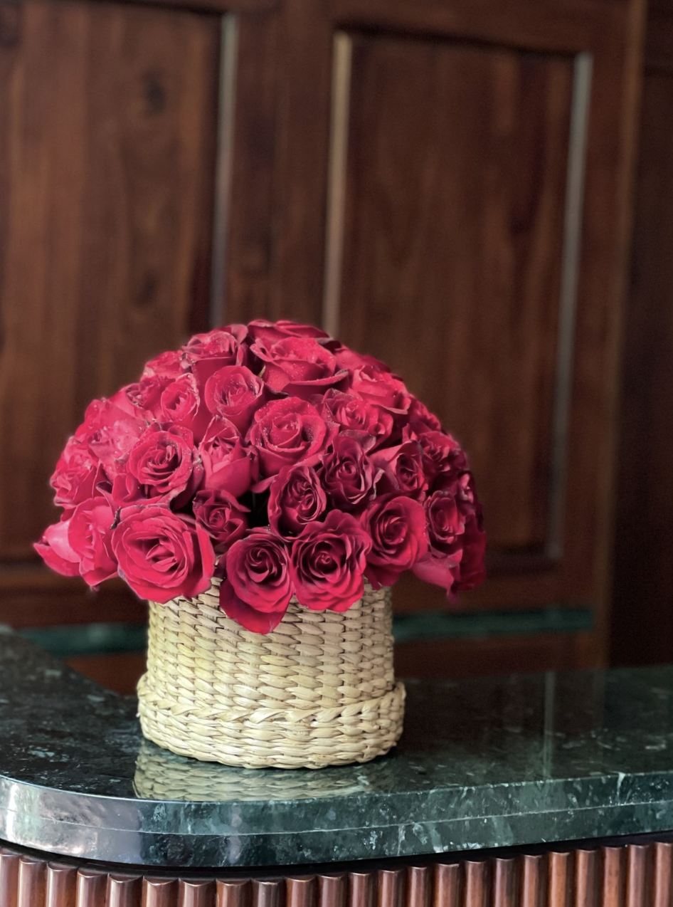 Willow | Petite Cane Basket with Red Roses -  